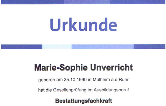 Urkunde Bestattungsfachkraft Frau Unverricht