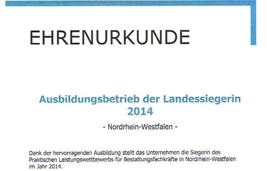 Ehrenurkunde als Ausbildungsbetrieb der Landessiegerin